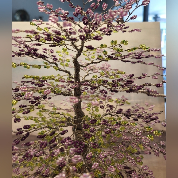 Beaded Bonsai Wire Tree, Pink, Purple, Green Wisteria on Driftwood - Picture 13 of 16